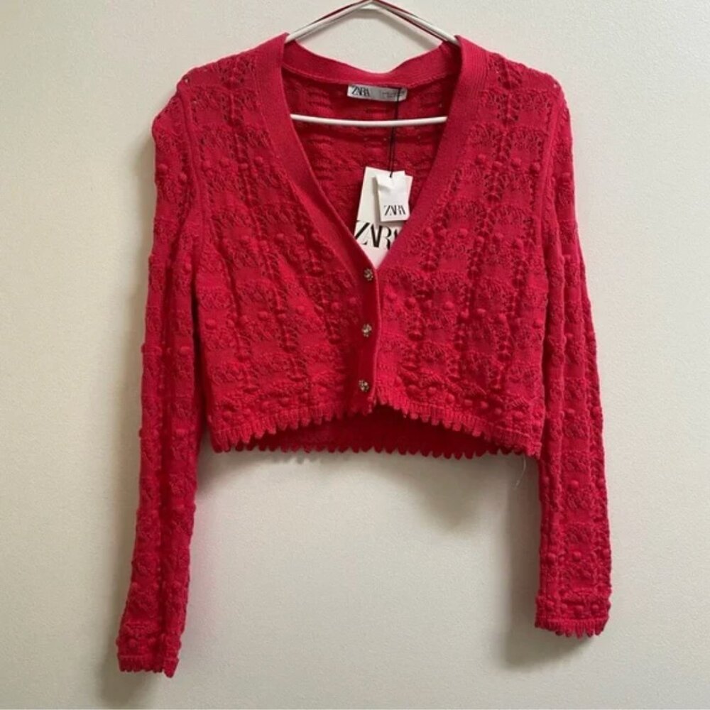 Zara Pointelle Knit Cardigan with Jewel Buttons S